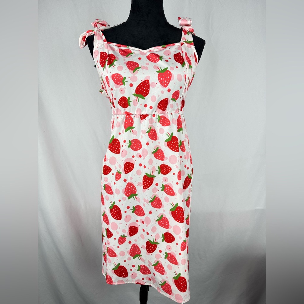Temu Tie Sleeve Strawberry Print Dress